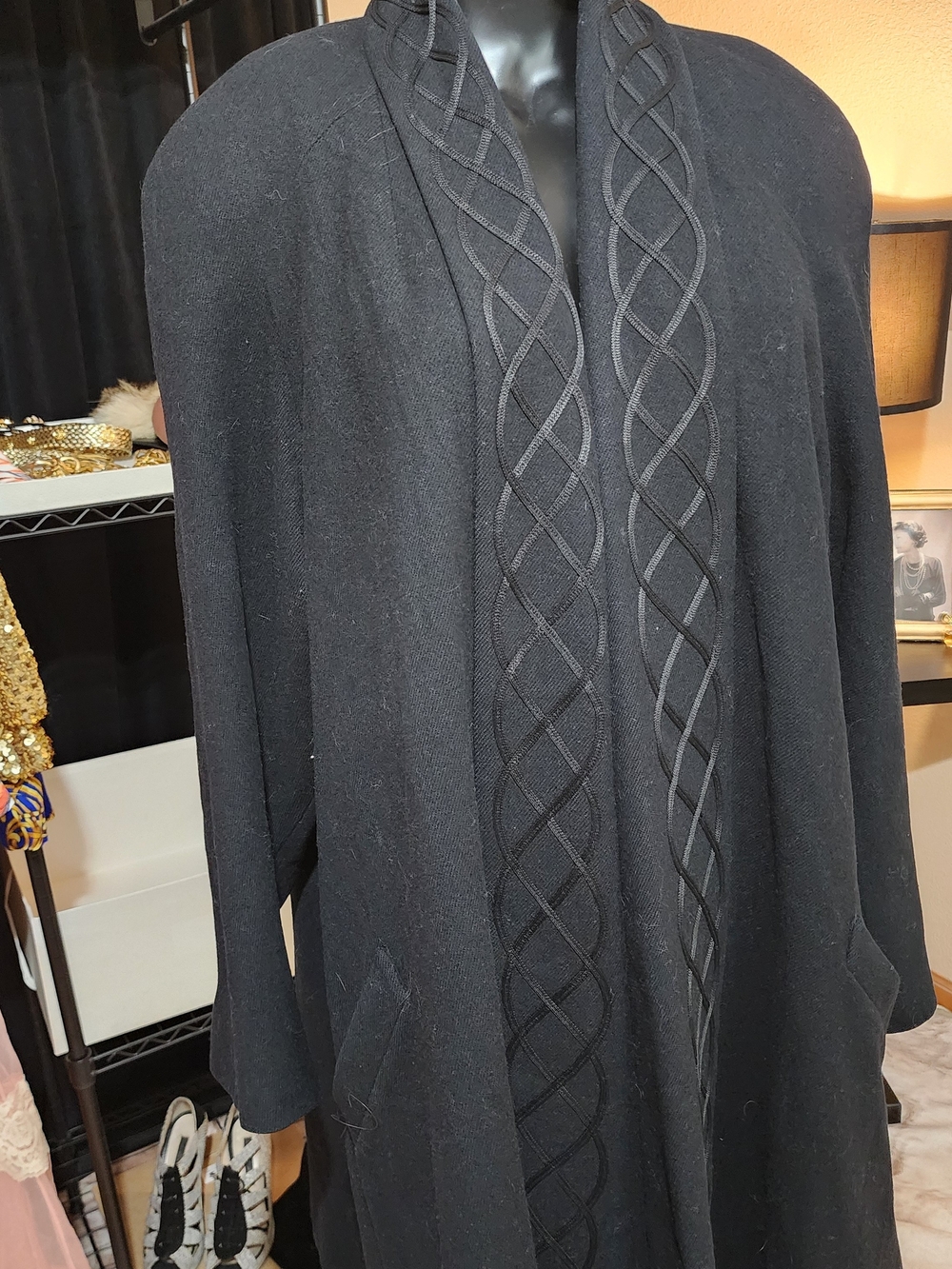 Vintage 80s ALORNA 100% Wool Cape Coat Braided Trim Avant Garde M/L - Picture 4 of 13